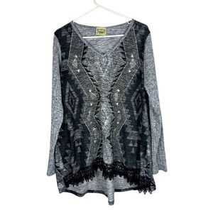 Vocal‎ Women's Plus 3XL Black Gray Long Sleeved Blouse Lace Rhinestone Studs
